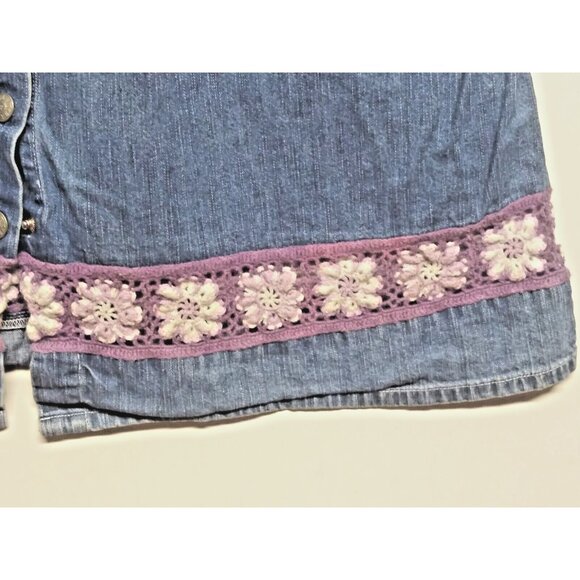 VTG Denim Dress Jumper Girls Sz L crochet floral lace button front fit flare EUC - Picture 5 of 12